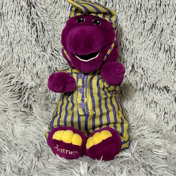 Bedtime Barney Plush Yellow Striped Pajamas Hat 1993 Vintage RARE Purple Dino‎ - Picture 1 of 12